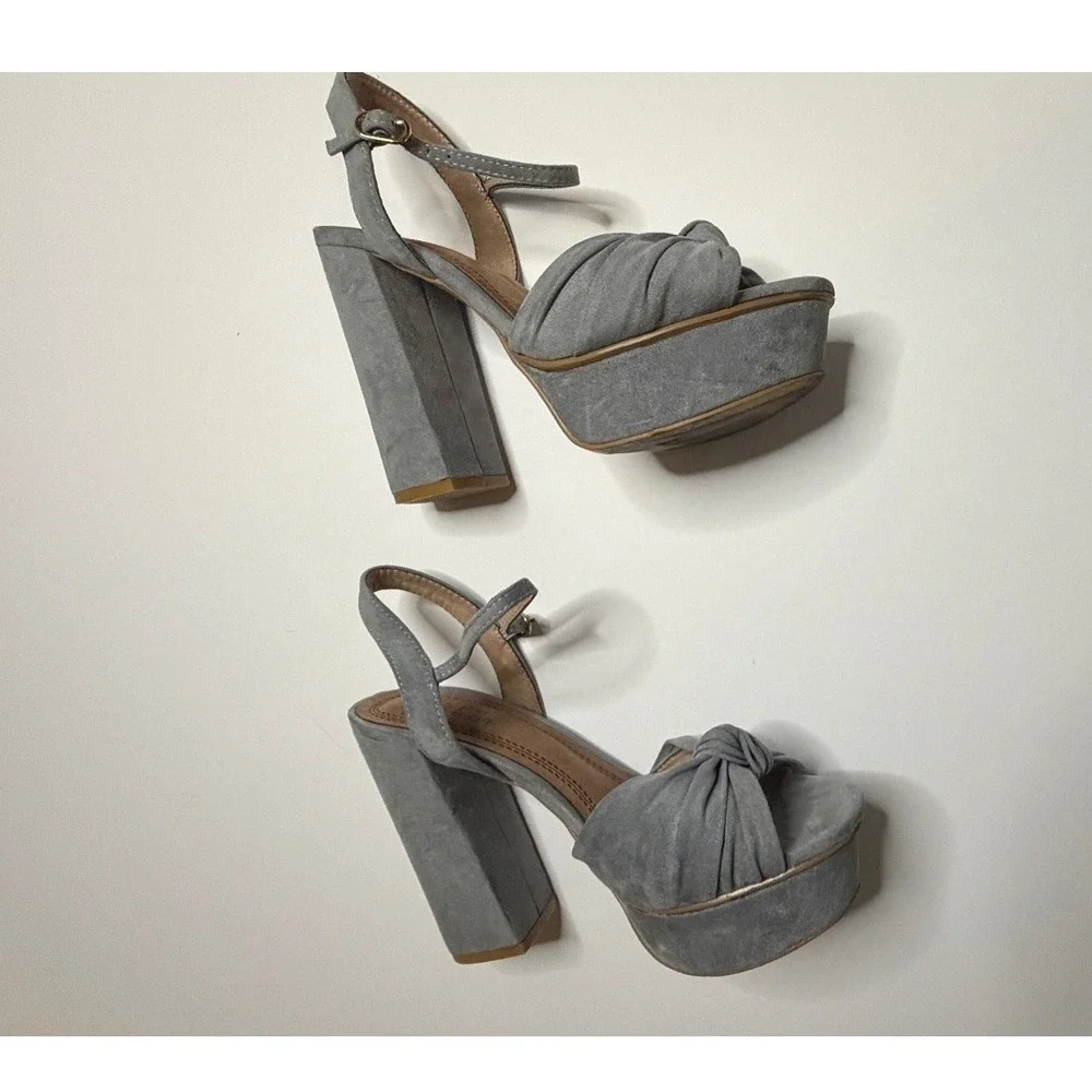 Shu Shop‎ Blue Grey Faux Suede Knotted Platform Block Heel Sandals Womens  7/12